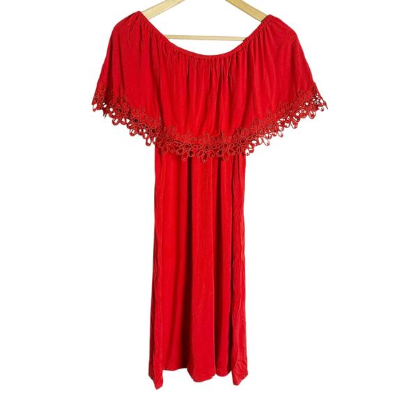 Chico’s Runway Red Embroidered Hem Off the Shoulder Knee Length Dress Size 6 - Picture 3 of 11